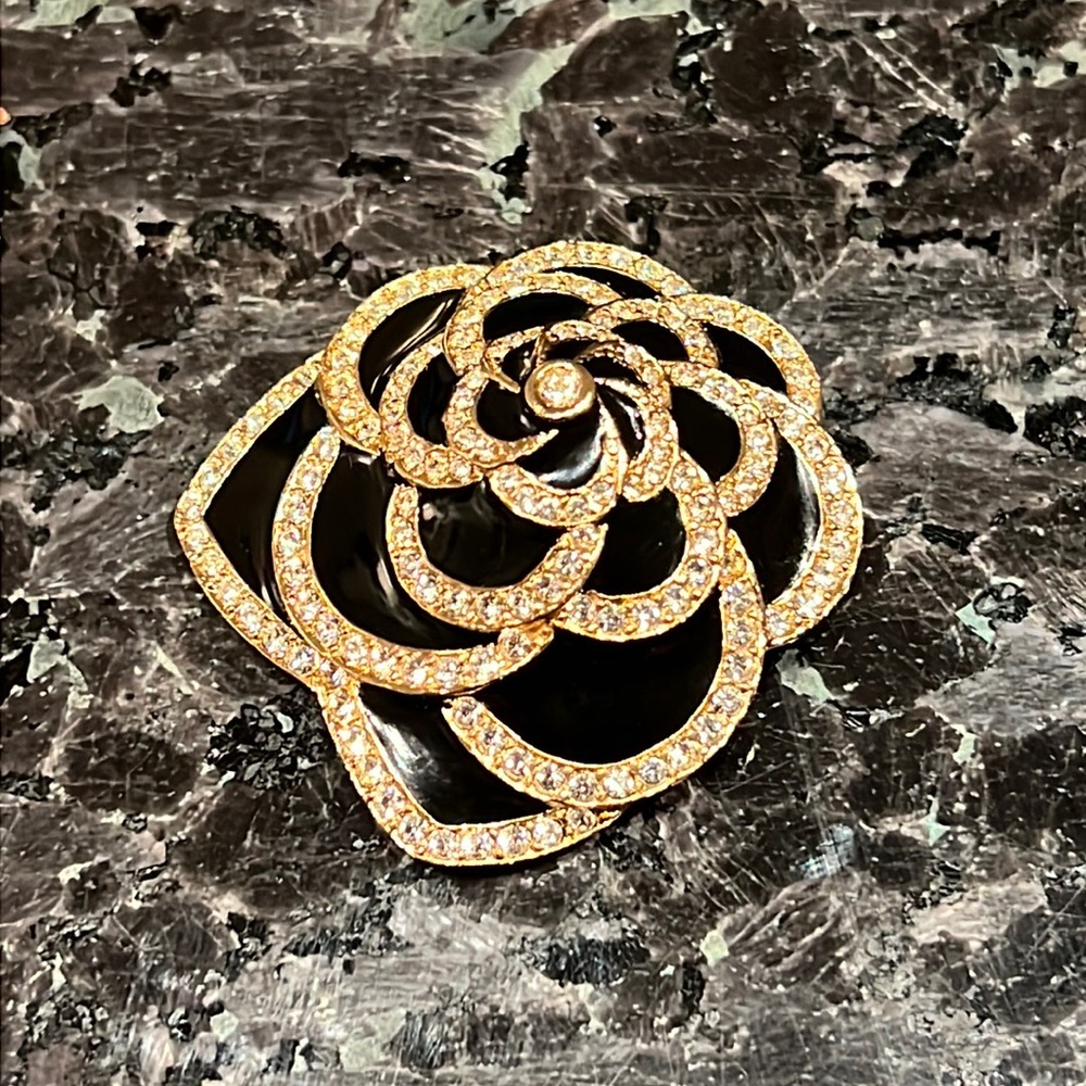Flower Pin Brooch Black Enamel & CZ Crystals, Gold Toned Metal, Costume, Marked